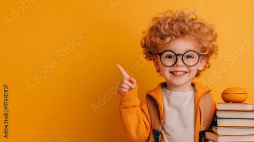 Curious toddler points, joyful smile; books & backpack.  Back to school!