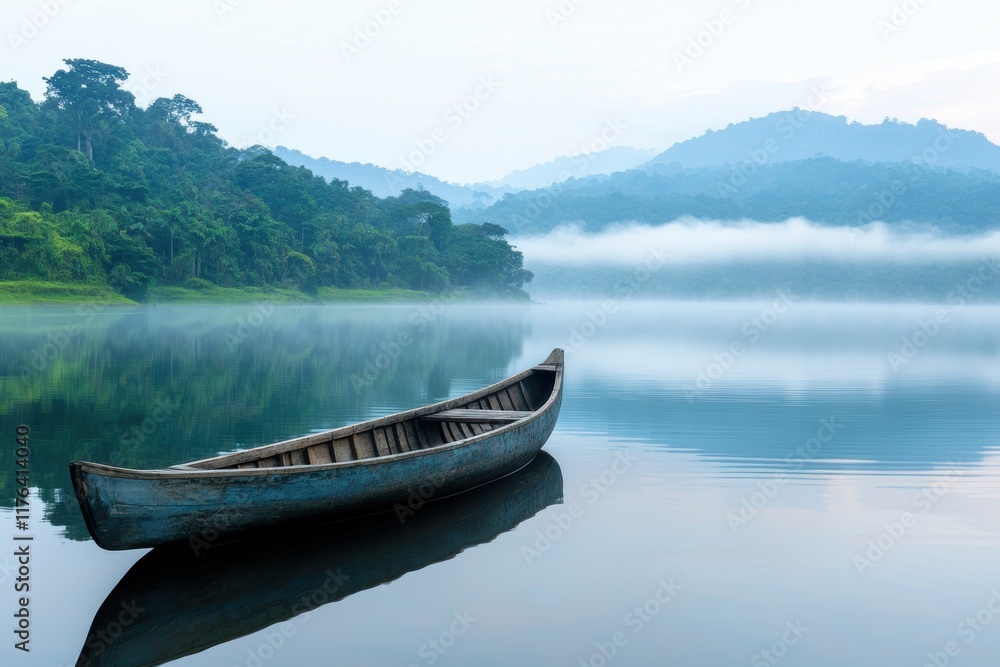 Tranquil Canoe on Calm Lake Surrounded by Misty Mountains Tranquil Canoe on Calm Lake Surrounded by Misty Mountains