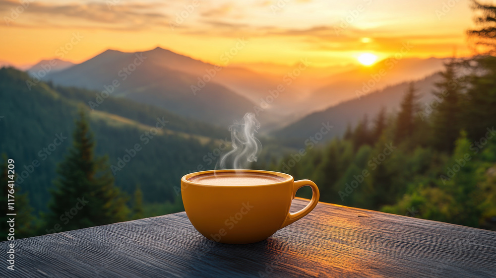 steaming cup of coffee on table with breathtaking mountain view at sunrise, creating serene and peaceful atmosphere steaming cup of coffee on table with breathtaking mountain view at sunrise, creating serene and peaceful atmosphere