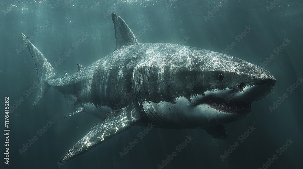 Fototapeta premium A great white shark swimming gracefully in deep water, showcasing its powerful physique and predatory nature.
