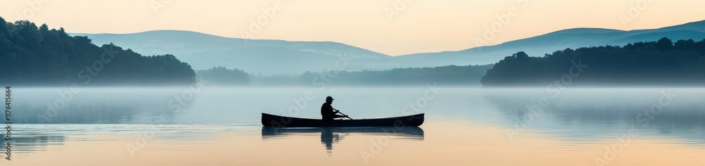 Serene Early Morning Canoeing on Calm Misty Lake Landscape Serene Early Morning Canoeing on Calm Misty Lake Landscape