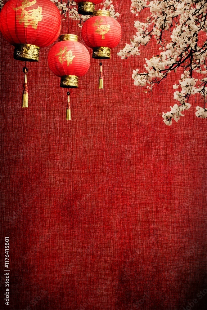 Fototapeta premium Festive composition with red silk texture as background. Groups of warmly glowing red lanterns hung from above. It adds a powerful sense of culture.
