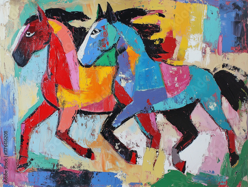 Horses Painting Wall Abstract Art Two Horse Animals Running Galloping Colorful Paint Multicolor  photo