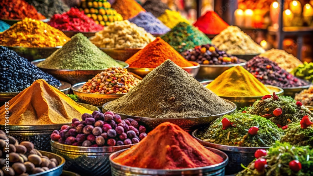 Fototapeta premium Vibrant Cultural Spice Bazaar: Exotic Cooking Ingredients & Aromatic Herbs