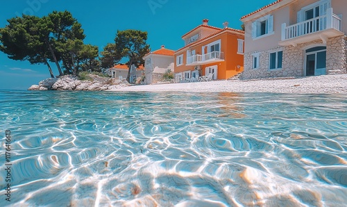 A serene coastal scene featuring clear water and colorful houses by the shore.