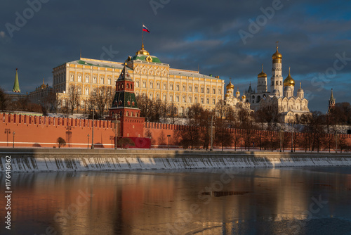 View of the building of the Grand Kremlin Palace, the Annunciation Tower and the ensemble of the Kremlin Cathedral Square from the embankment of the Moskva River, Moscow, Russia