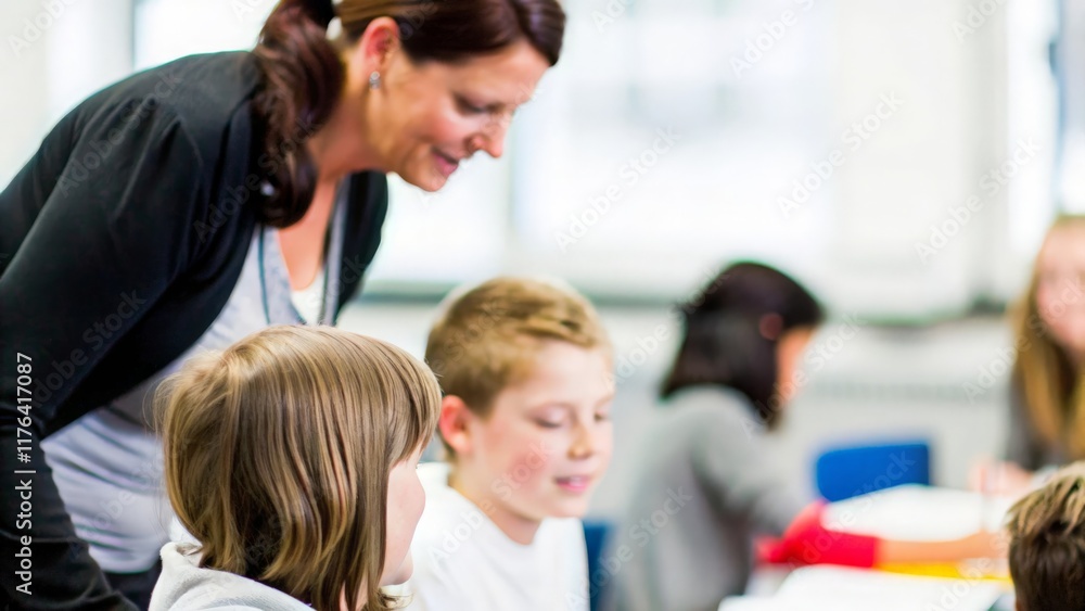 Blurred Teacher Interaction: Teacher helping a student with a blurred background
Blurred Teacher Interaction: Teacher helping a student with a blurred background