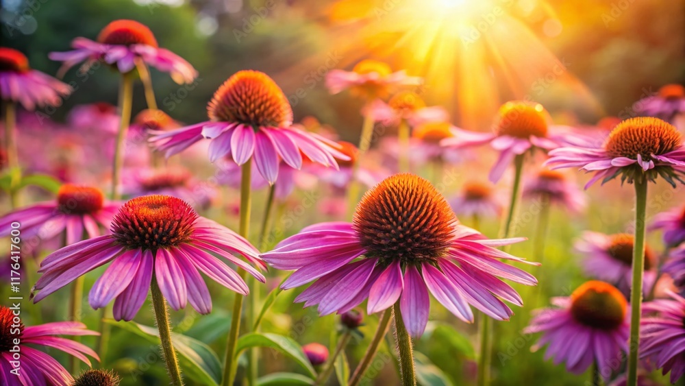 Obraz premium Vibrant Echinacea Purpurea and Monarda Blooming in Summer Meadow