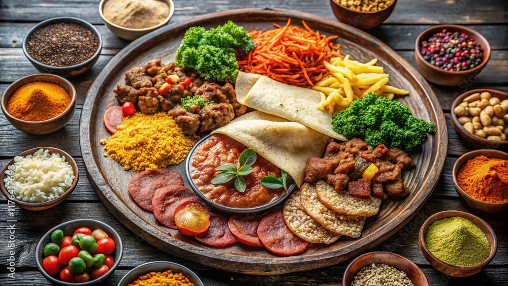 Fototapeta premium Vibrant Ethiopian Food Platter with Injera Bread and Various Stews - Stock Photo