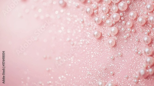 Pastel pink background with a touch of glitter and scattered pearls, offering a refined and graceful look with space for text