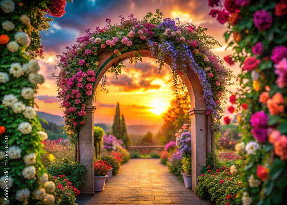 Fototapeta premium Vibrant Floral Archway at Sunset: Tilt-Shift Celebration Stock Photo