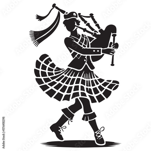Scottish Dance Silhouette Vector Illustration, Solid White Background.