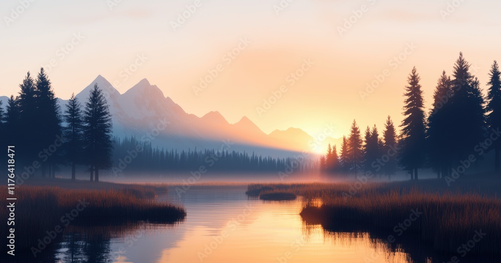 Fototapeta premium Serene Dawn Over Misty Mountains and Tranquil Lake Reflection