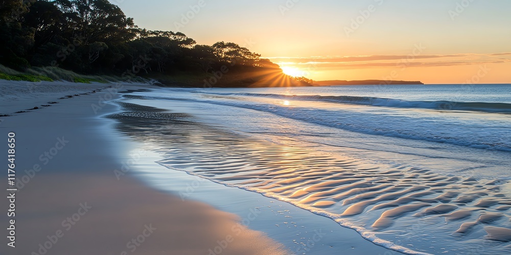 Fototapeta premium Sunrise over tranquil beach with gentle waves and golden light on horizon reflecting on sand.