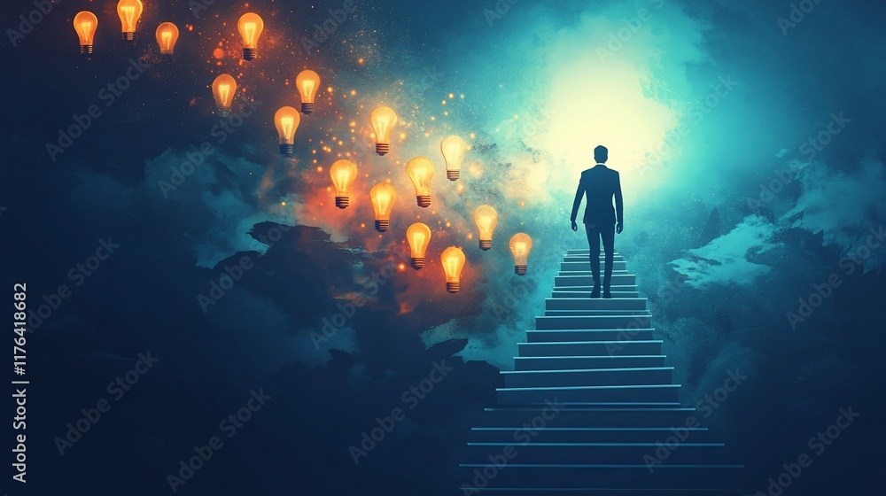 Man ascends staircase towards bright light, leaving behind fading ideas. Man ascends staircase towards bright light, leaving behind fading ideas.