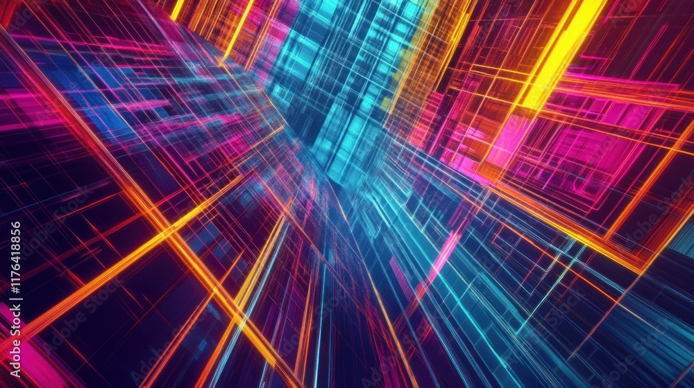 Perspective grid in vibrant neon hues, creating an abstract background in synthwave style with a retro-futuristic 3D effect Perspective grid in vibrant neon hues, creating an abstract background in synthwave style with a retro-futuristic 3D effect