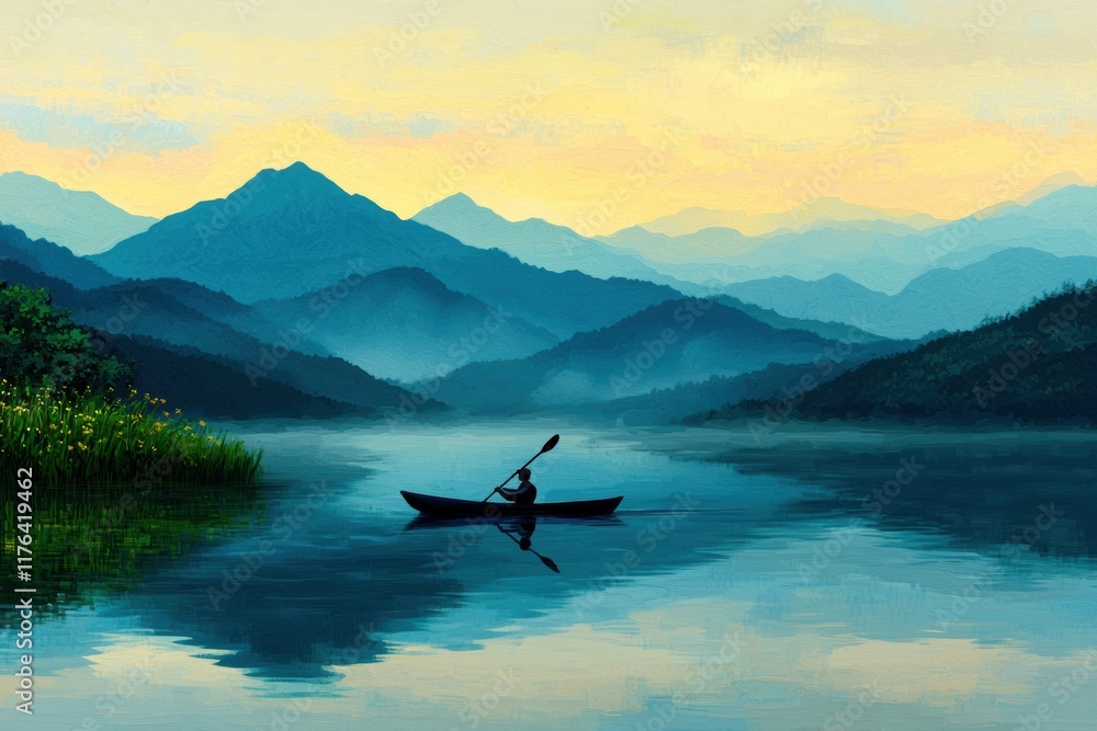 Fototapeta premium Tranquil Kayaker in Misty Mountains at Sunrise on Still Water