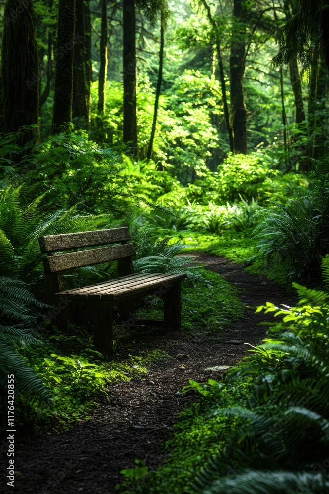 Serene Forest Path with Wooden Bench Surrounded by Lush Greenery Serene Forest Path with Wooden Bench Surrounded by Lush Greenery