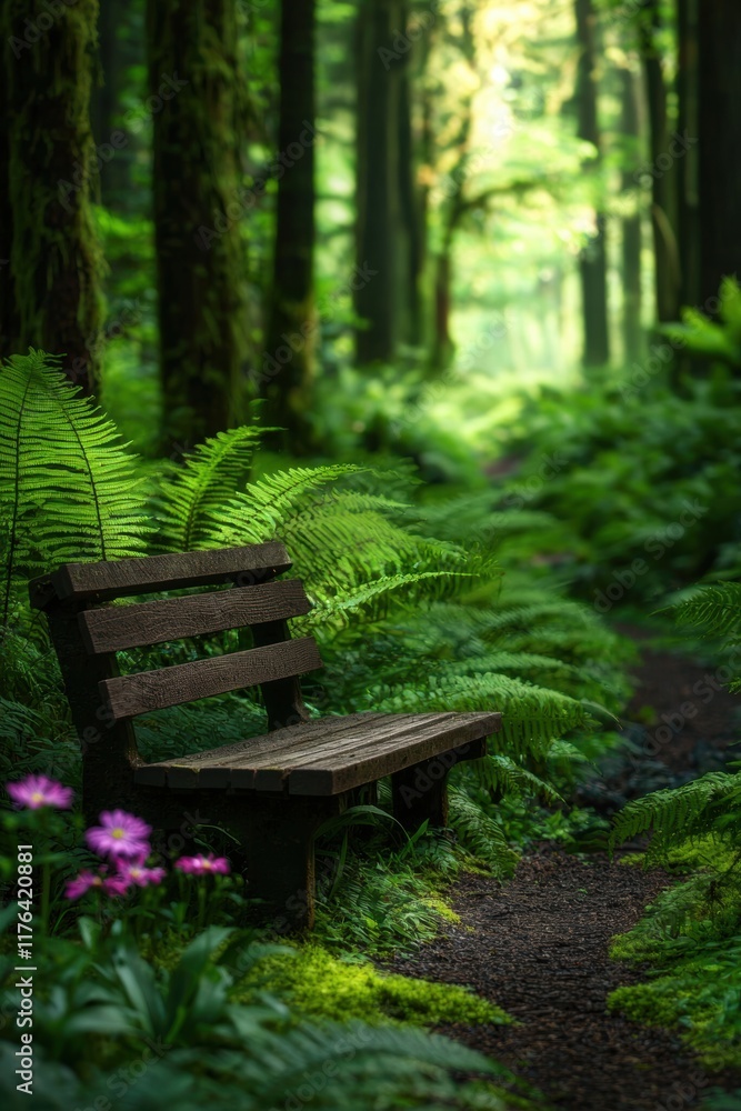 Serene Forest Scene with Wooden Bench Surrounded by Lush Foliage Serene Forest Scene with Wooden Bench Surrounded by Lush Foliage