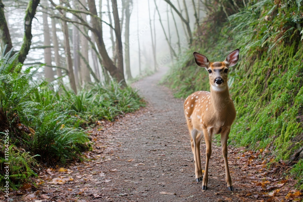 Young Deer Standing on a Misty Forest Trail Surrounded by Greenery Young Deer Standing on a Misty Forest Trail Surrounded by Greenery