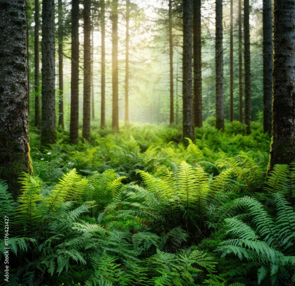 Naklejka premium Lush Green Ferns in Tranquil Forest with Soft Morning Light