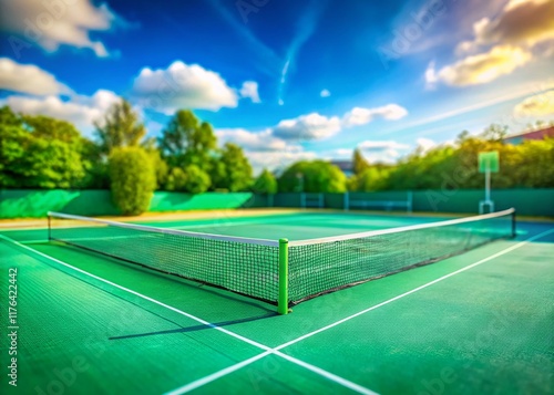 Wallpaper Mural Vibrant Green Tennis Court, Tilt-Shift Photography, Sunny Day, Blue Sky Torontodigital.ca
