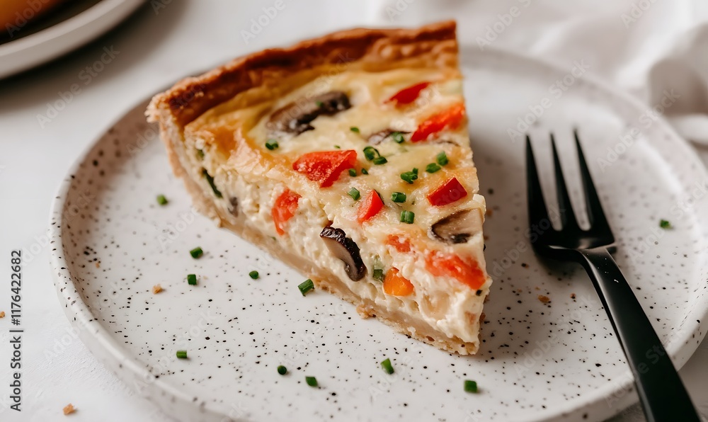 single slice of vegetable quiche on a white speckled ceramic plate, Generative AI single slice of vegetable quiche on a white speckled ceramic plate, Generative AI