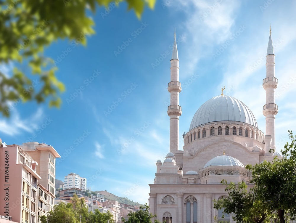 Fototapeta premium Stunning Wide Shot Photo: Serene Mosque Gleaming Under a Bright Mediterranean Sky. AI Generated