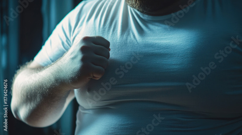close up of obese man clenched fist resting on his torso, showcasing texture of fabric and contrast of light and shadow. image evokes sense of strength and determination