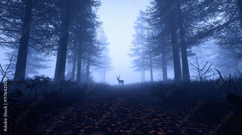 Fototapeta premium Mystical Forest Scene with Mist and Deer Silhouette at Dawn