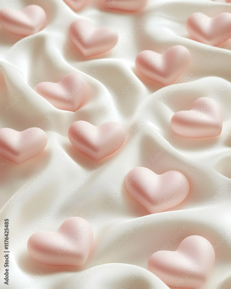 Soft pink heart shapes on a silky white fabric background, creating a romantic and gentle aesthetic. Soft pink heart shapes on a silky white fabric background, creating a romantic and gentle aesthetic.