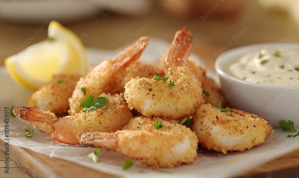 Perfectly grilled golden breaded shrimp arranged on a parchment lined baking tray. Generative AI Perfectly grilled golden breaded shrimp arranged on a parchment lined baking tray. Generative AI