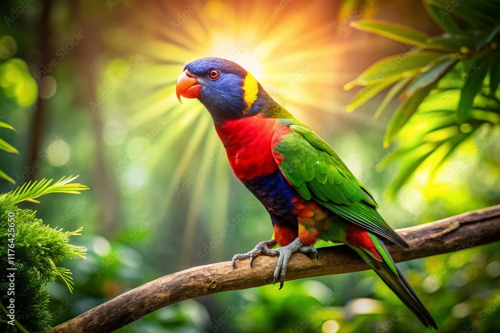 Vibrant Lory Bird in Lush Rainforest – Copy Space for Text Vibrant Lory Bird in Lush Rainforest – Copy Space for Text