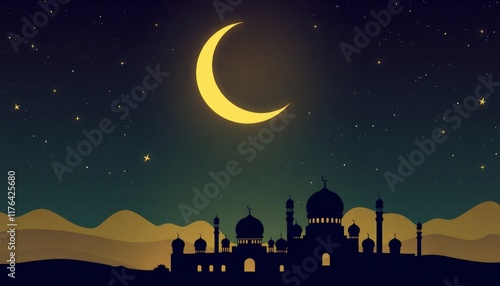 A serene night scene featuring a silhouette of a mosque against a gradient twilight sky. Ramadan Karrem Space Text photo