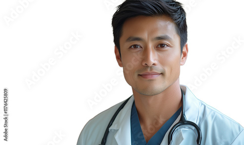 Japanese male doctor, wearing stethoscope, white lab coat, blue scrubs, 30-40 years old.