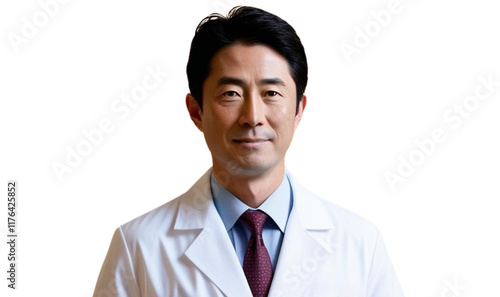 Japanese man, wearing suit, tie, white lab coat, medical professional, 50-60 years old.