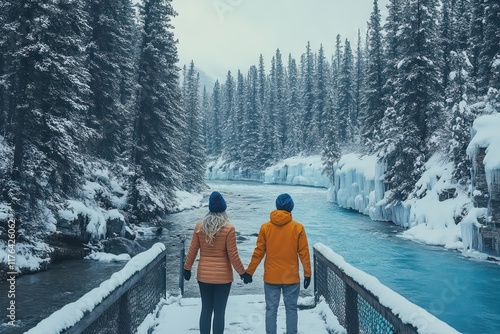 A couple in sporty winter outfits pausing on a snowy bridge to admire the icy river and scenic forest views. photo