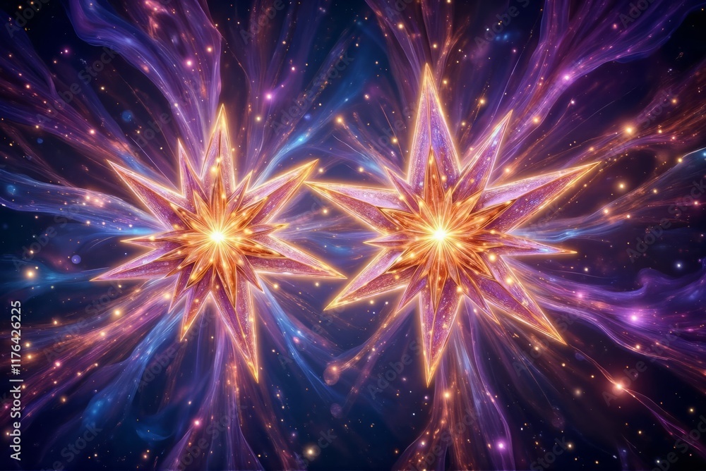 Fototapeta premium Two glowing star-like shapes radiating colorful light in a vibrant cosmic background