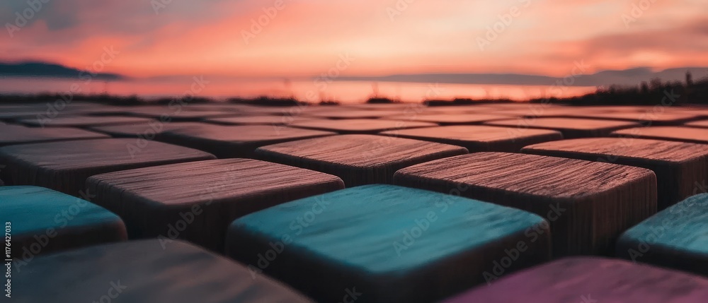 Obraz premium Sunset Serenity Abstract Wooden Block Texture Background