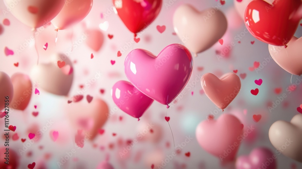a bunch of balloons with hearts floating in the air
