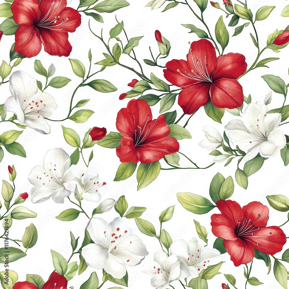 Floral pattern design featuring red and white flowers botanical art digital illustration modern aesthetic Floral pattern design featuring red and white flowers botanical art digital illustration modern aesthetic
