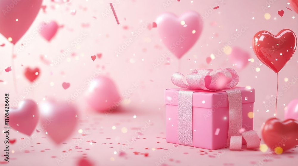 a pink present box with a bow and a heart shaped balloon a pink present box with a bow and a heart shaped balloon