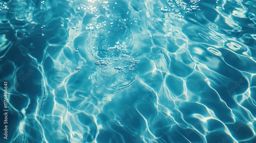 Obraz premium Transparent blue water surface with ripples, splashes, and bubbles, creating an abstract summer banner with sunlight reflections and copy space for design