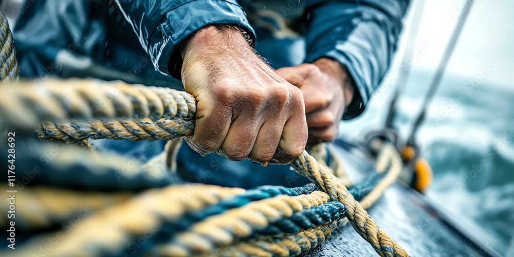 Close-up of hands gripping rope on a sailboat during an intense sailing competition.