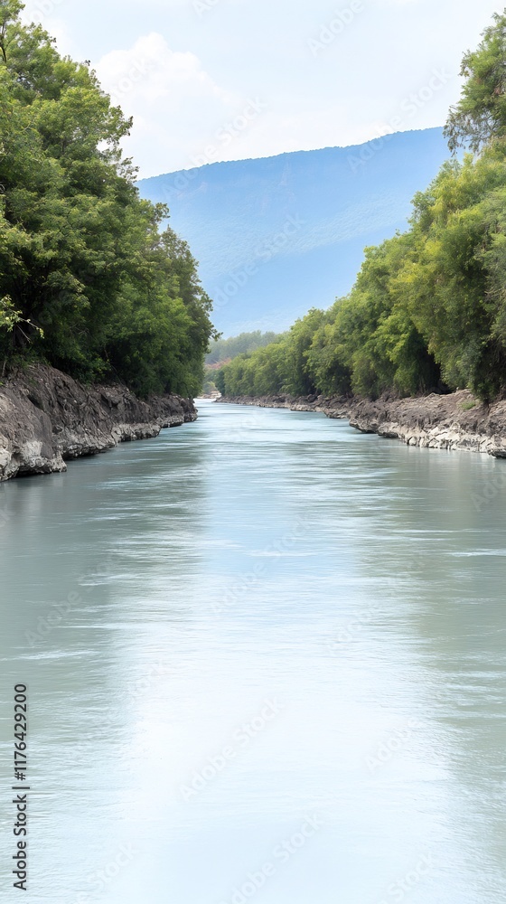 Serene River Flowing Gently Through Lush Green Valley: Wide Shot Photo. AI Generated Serene River Flowing Gently Through Lush Green Valley: Wide Shot Photo. AI Generated