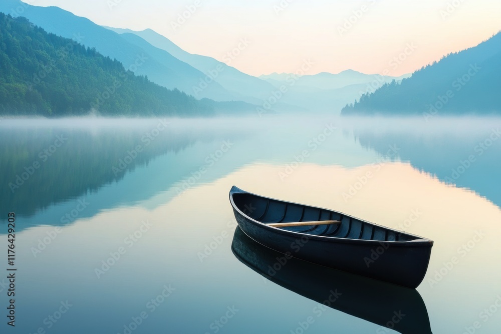 Serene Morning Light Over Calm Lake with Lonely Canoe at Dawn Serene Morning Light Over Calm Lake with Lonely Canoe at Dawn