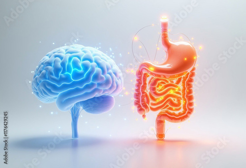 3D rendering of brain and gut, brain gut axis, gut brain axis, connection of brain and gut