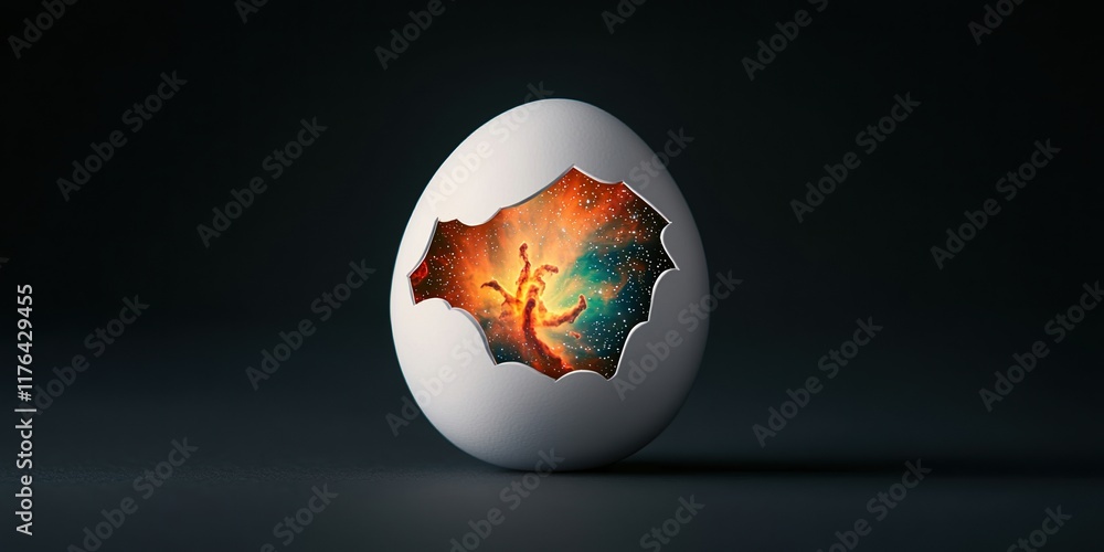 Fototapeta premium Easter rebirth concept. Egg with a vibrant, colorful interior design against a dark background.