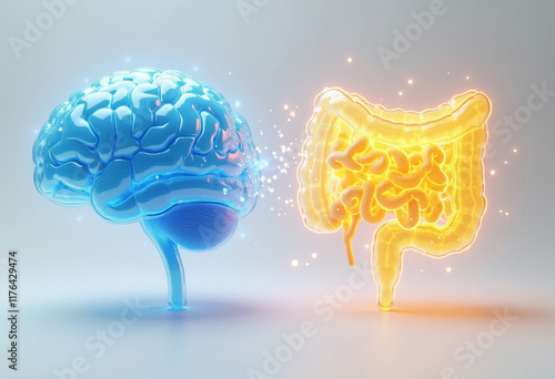 3D rendering of brain and gut, brain gut axis, gut brain axis, connection of brain and gut
