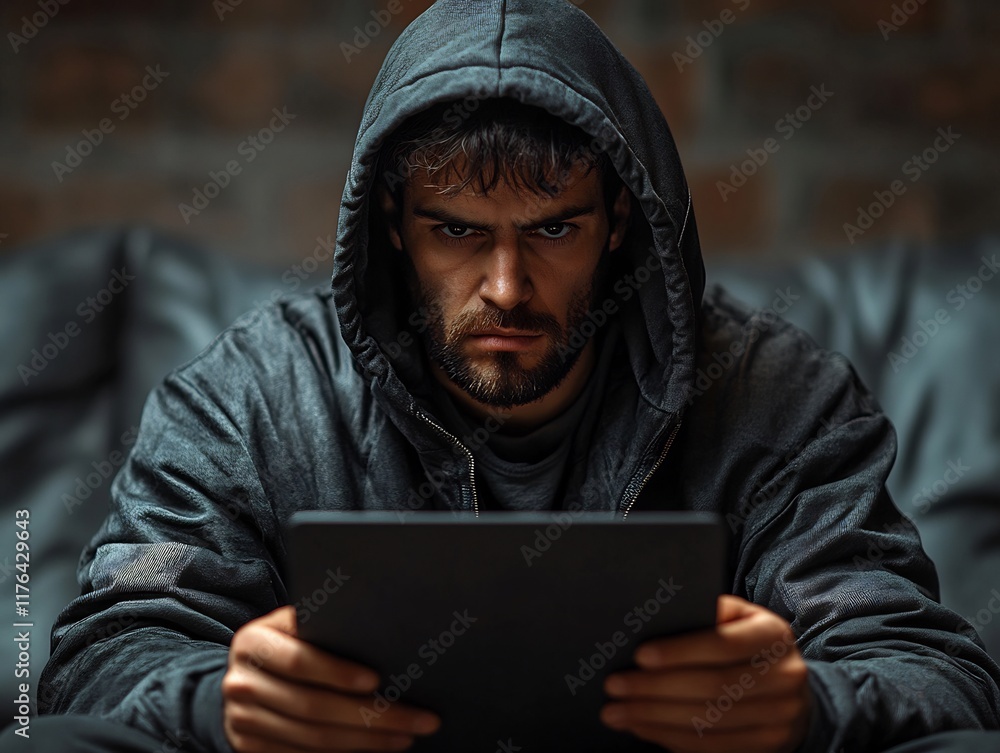 Close-up Photo: Intensely Focused Man Using Tablet in Dimly Lit Room. AI Generated
